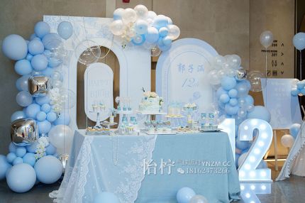 迪奥小香风蓝色花纹宝宝宴周岁百天生日派对舞台布置背景
